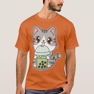 Camiseta Kawaii Cute Boba Kitty Cat Green Bubble Pearl Mill