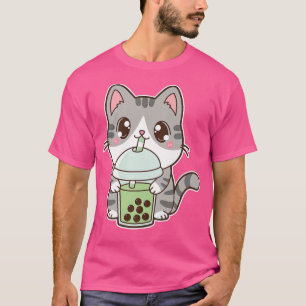 Camiseta Kawaii Cute Boba Kitty Cat Green Bubble Pearl Mill