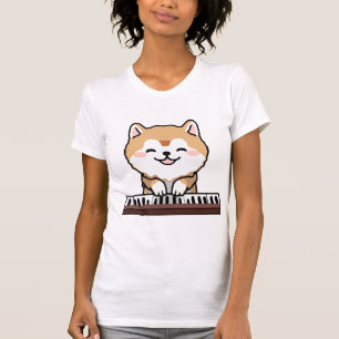 Camiseta Kawaii Cute Dog Jugando El Teclado Piano