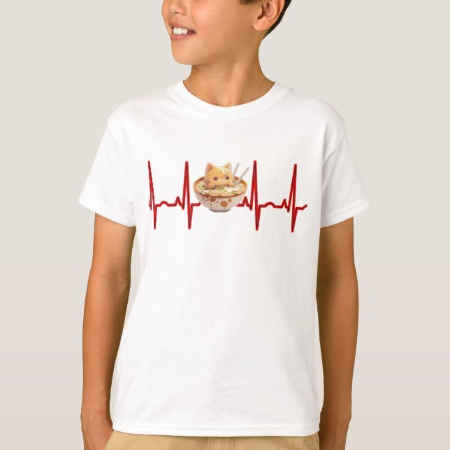 Camiseta Kawaii Cute Kitten Ramen EKG Heartbeat Otaku Anime (Anverso)