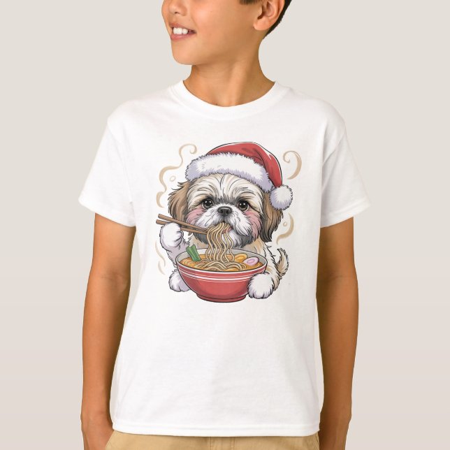 Camiseta Kawaii Cute Santa Shih Tzu Eating Ramen (Anverso)
