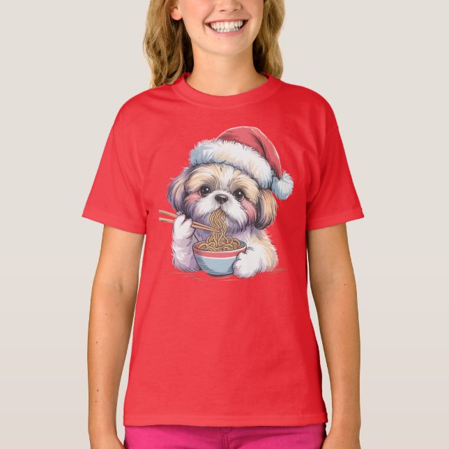 Camiseta Kawaii Cute Santa Shih Tzu Eating Ramen (Anverso)