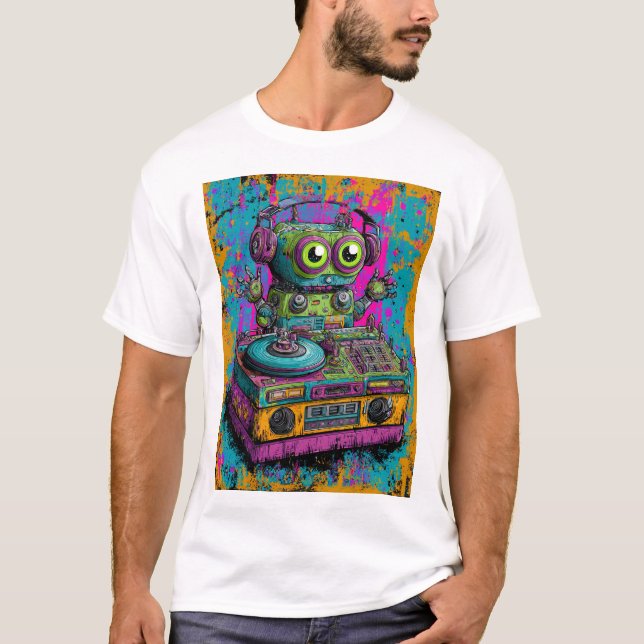 Camiseta Kawaii DJ Robot — Neon Splatter Turntable Art (Anverso)