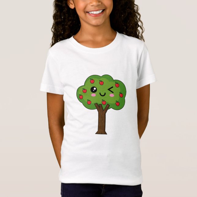 Camiseta Kawaii feliz árbol de manzanas (Anverso)