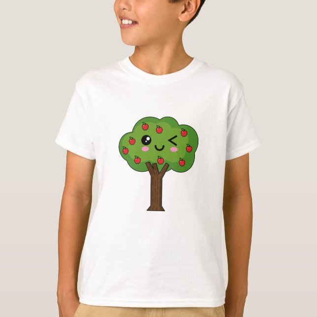 Camiseta Kawaii feliz árbol de manzanas (Anverso)
