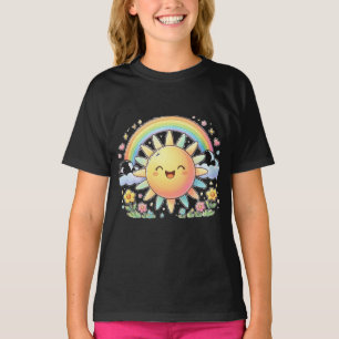 Camiseta Kawaii Feliz Luz de Sol Arcoíris Flores Lindo Vera