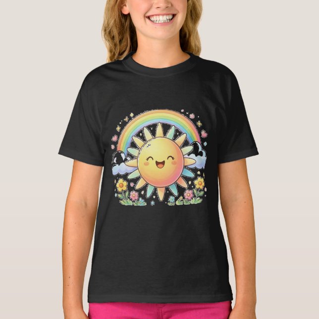 Camiseta Kawaii Feliz Luz de Sol Arcoíris Flores Lindo Vera (Anverso)