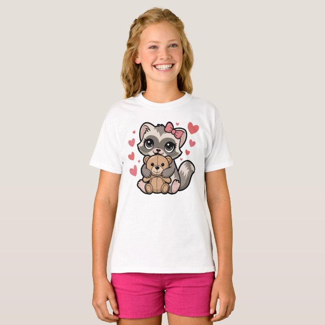 Camiseta Kawaii Ferret Cuddling Teddy Bear (Anverso completo)