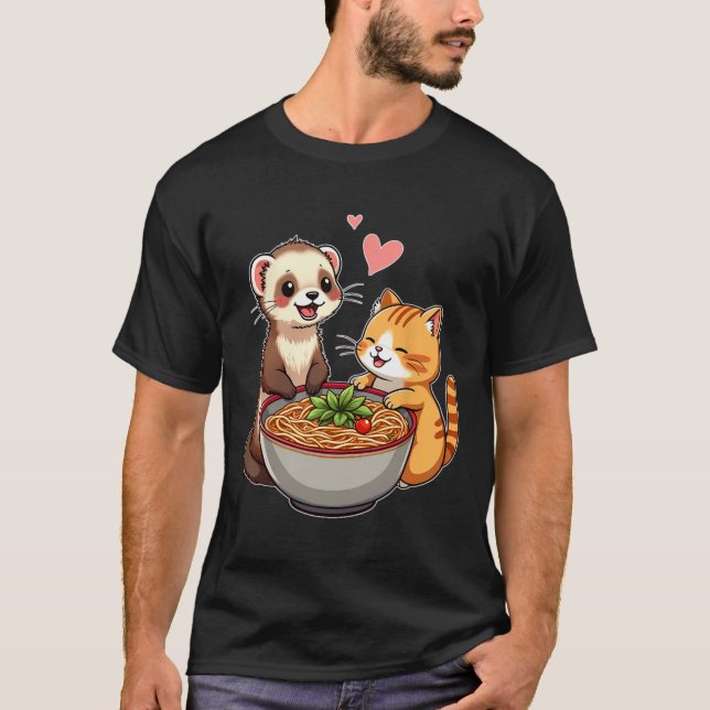 Camiseta Kawaii Ferret Y El Gato Comen Ramen Japonés Agrada (Anverso)