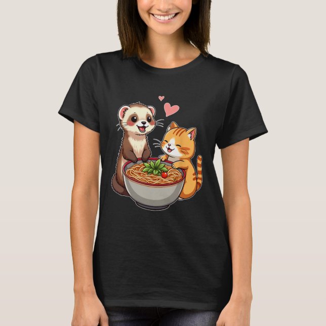 Camiseta Kawaii Ferret Y El Gato Comen Ramen Japonés Agrada (Anverso)