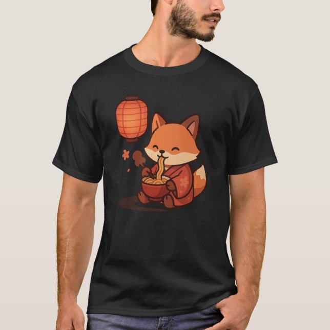 Camiseta Kawaii Fox comiendo Ramen - Lindo farol japonés (Anverso)
