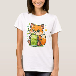 Camiseta Kawaii Fox con Matcha Latte - Té verde lindo