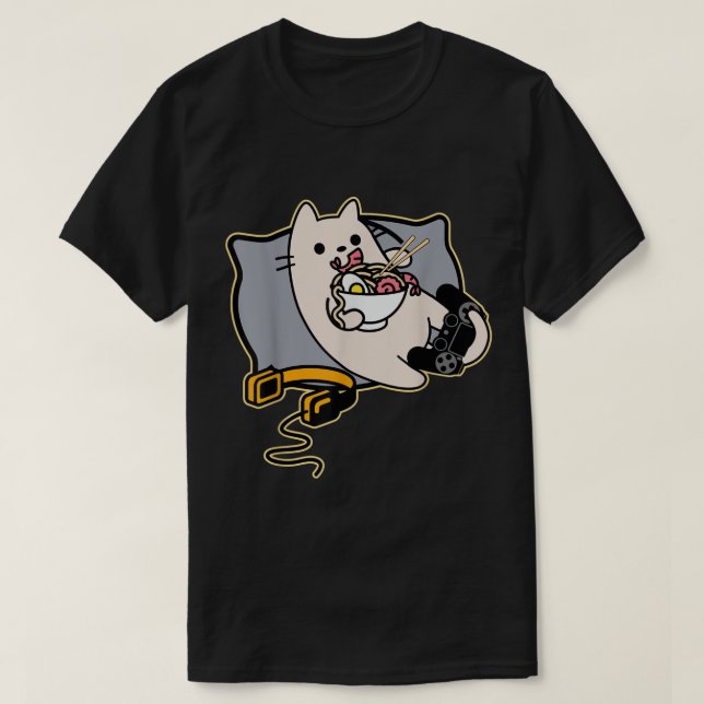 Camiseta Kawaii Gamer Cat Eating Ramen (Diseño del anverso)