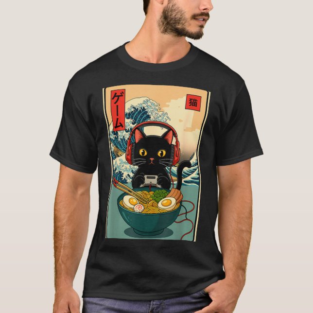 Camiseta Kawaii Gamer Cat Ramen Retro Japanese Funny Cat Ga (Anverso)