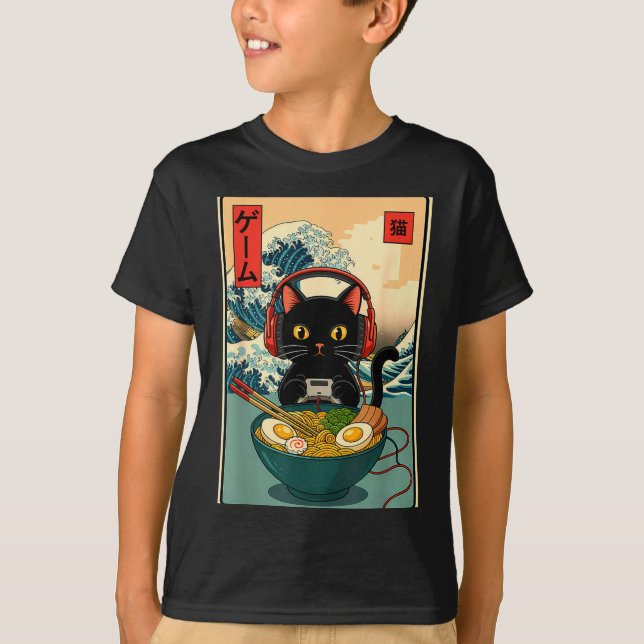 Camiseta Kawaii Gamer Cat Ramen Retro Japanese Funny Cat Ga (Anverso)