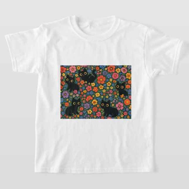 Camiseta Kawaii Garden Art | Cute Black Cat Floral Pattern (Distribución)