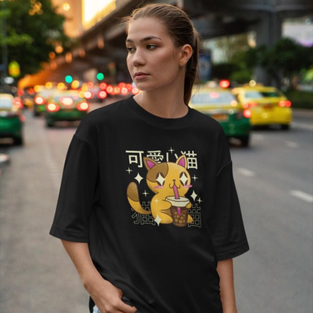 Camiseta Kawaii Gato Bebiendo Té De Burbuja (Subido por el creador)