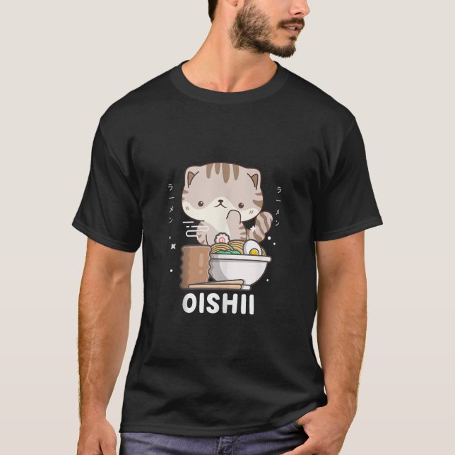 Camiseta Kawaii Gato De Pelo Escocés Come Fideos Japoneses  (Anverso)