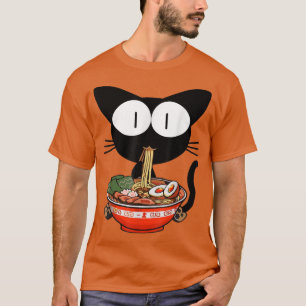 Camiseta Kawaii Gato Negro Ramen Bowl Anime Fideos Japonese