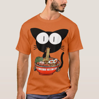 Camiseta Kawaii Gato Negro Ramen Bowl Anime Fideos Japonese