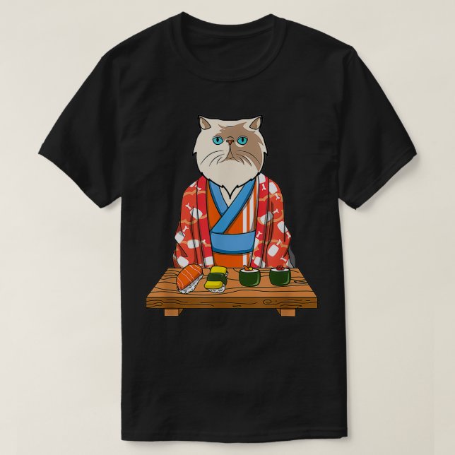 Camiseta Kawaii: Gato persa japonés Kimono Sushi (Diseño del anverso)