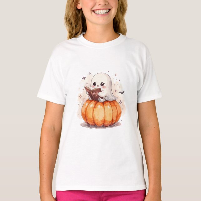 Camiseta Kawaii Ghost leyendo sobre calabaza - Halloween (Anverso)