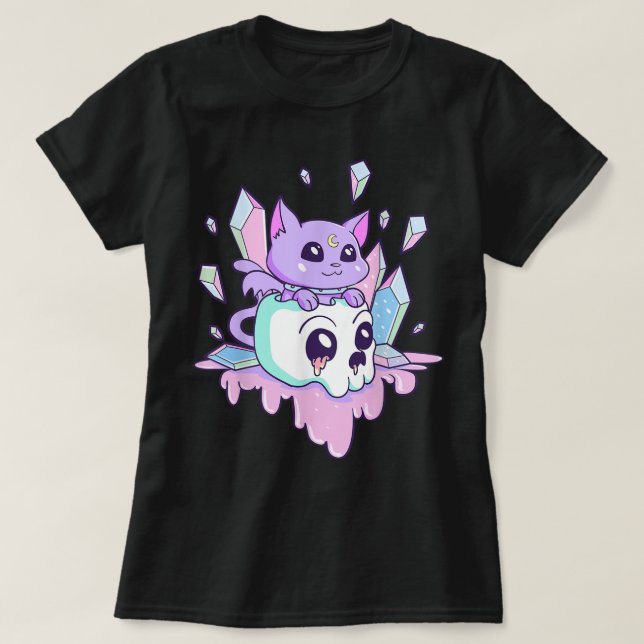 Camiseta Kawaii Gothic Cat Crystal Skull Art (Diseño del anverso)