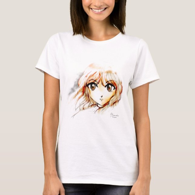 Camiseta Kawaii grande de los ojos del bosquejo del chica (Anverso)