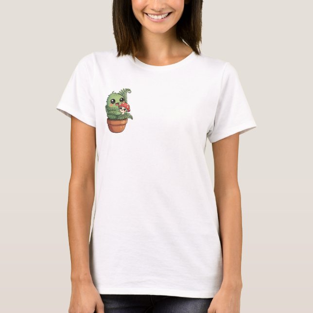 Camiseta Kawaii Green Moss Creature Hugging Little Mushroom (Anverso)