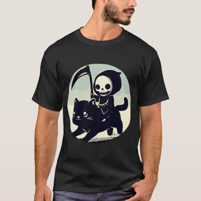 Camiseta Kawaii Grim Reaper Montando Sobre Gato Negro (Anverso)