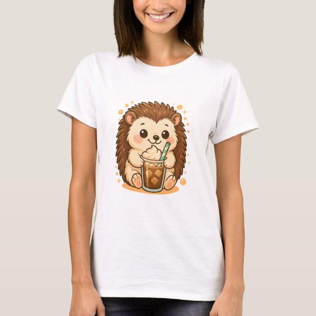 Camiseta Kawaii Hedgehog con café helado - Café dulce (Anverso)