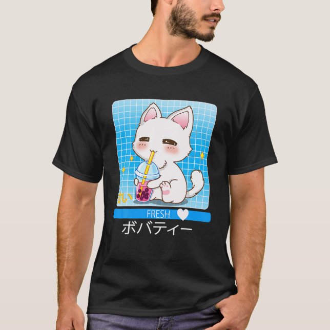 Camiseta Kawaii Japonés Anime Cat Bebiendo Boba Tea Cute C (Anverso)