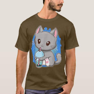 Camiseta Kawaii Japonés Anime Cat Bubble Tea Neko Kitty