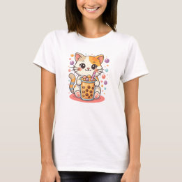 Camiseta Kawaii Kitten Bubble Tea - Calico Cat Boba
