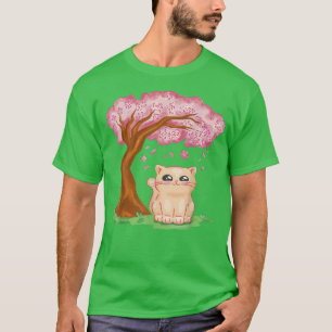 Camiseta Kawaii, la flor japonesa de cerezo Sakura, un gato