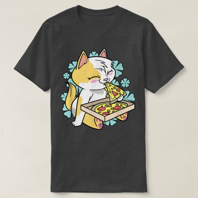 Camiseta Kawaii lindo gato comiendo pizza  (Diseño del anverso)