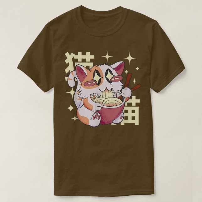 Camiseta Kawaii lindo gato gatito comiendo fideos de Ramen  (Diseño del anverso)