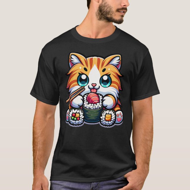 Camiseta Kawaii Mainecoon Cat Eating Sushi Japanese Food Ki (Anverso)