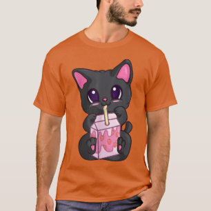 Camiseta Kawaii Manek Neko Para Mujeres Chicas, Fresa Leche