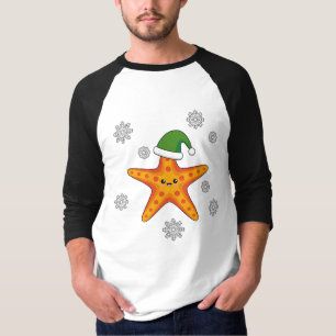 Camiseta Kawaii Navidad Starfish en patrón de búfalo azul