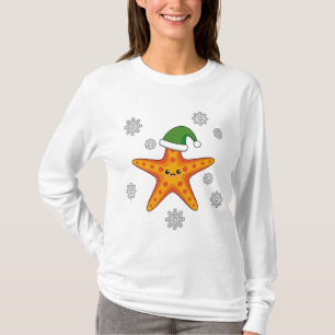 Camiseta Kawaii Navidad Starfish en patrón de búfalo azul