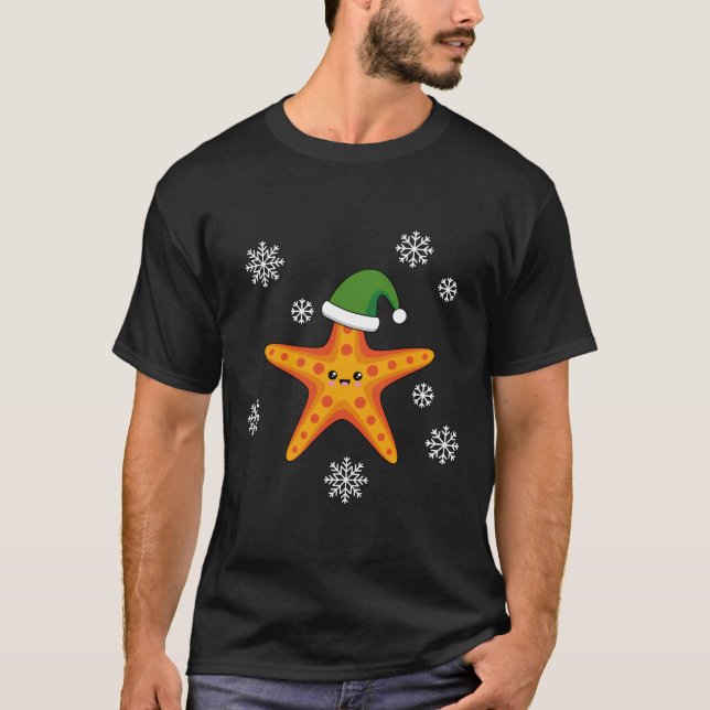 Camiseta Kawaii Navidad Starfish en patrón de búfalo azul (Anverso)