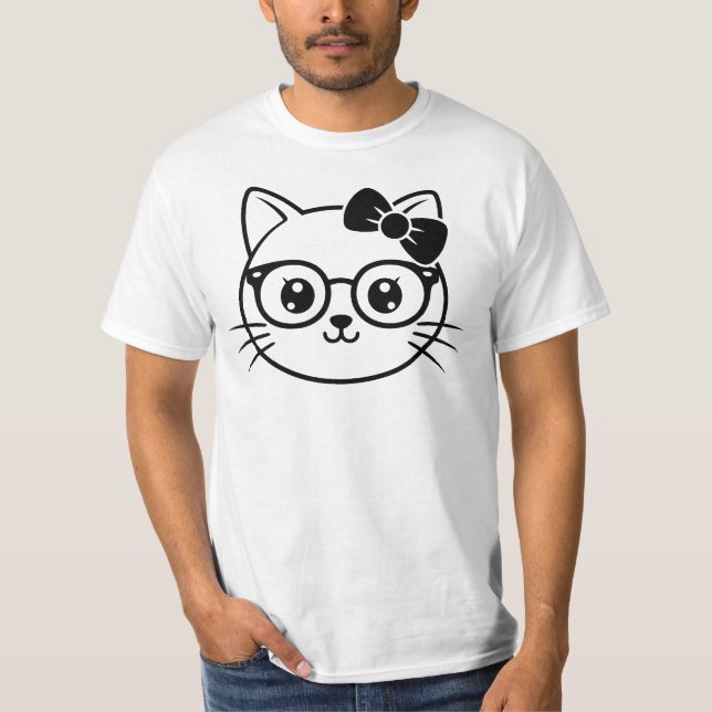 Camiseta Kawaii Nerdy Cat Face with Glasses and Bow Line Ar (Anverso)