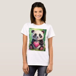 Camiseta Kawaii Panda sosteniendo el corazón en un bosque d