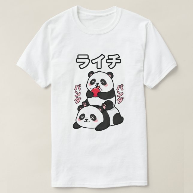 Camiseta Kawaii Panda Stack Lychee Fruit Japanese Cartoon (Diseño del anverso)