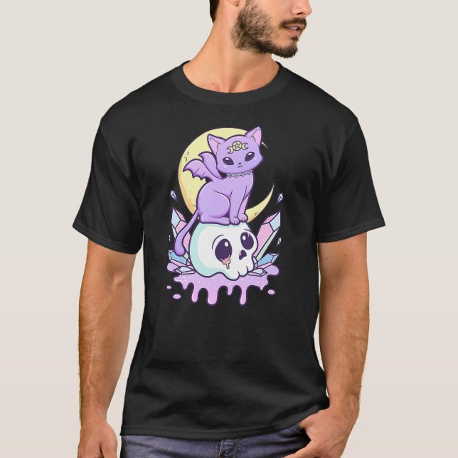 Camiseta Kawaii Pastel Goth Cute Scary Witchy Cat and Skull (Anverso)