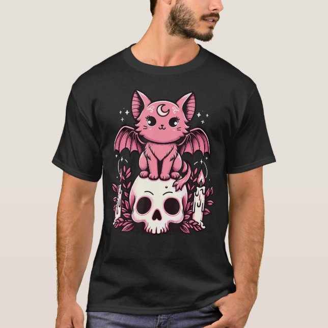 Camiseta Kawaii Pastel Gótico Cute Creepy Cat Bat Skeleton (Anverso)