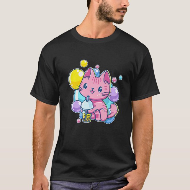 Camiseta Kawaii Pastel Rosado Chibi Gato Gato Bebida B (Anverso)