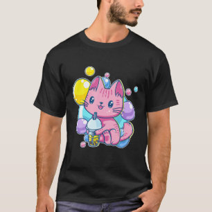 Camiseta Kawaii Pastel Rosado Chibi Gato Gato Bebida B