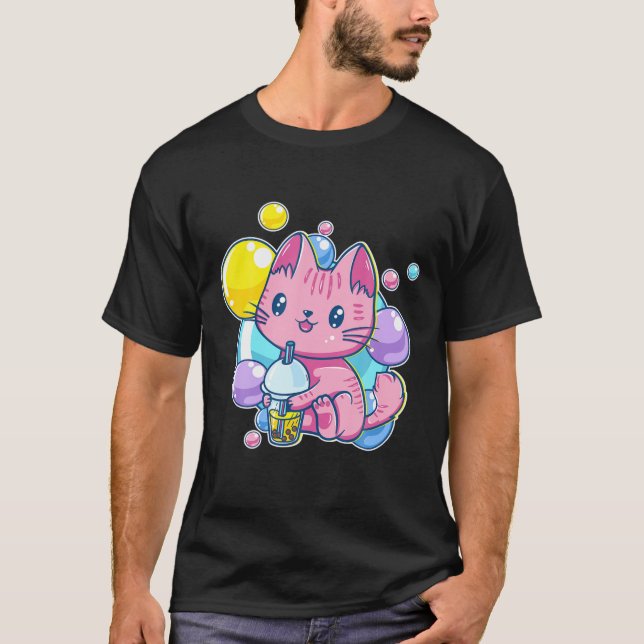 Camiseta Kawaii Pastel Rosado Chibi Gato Gato Bebida B (Anverso)